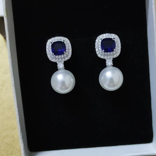 Blue zirconia pearl drop earrings