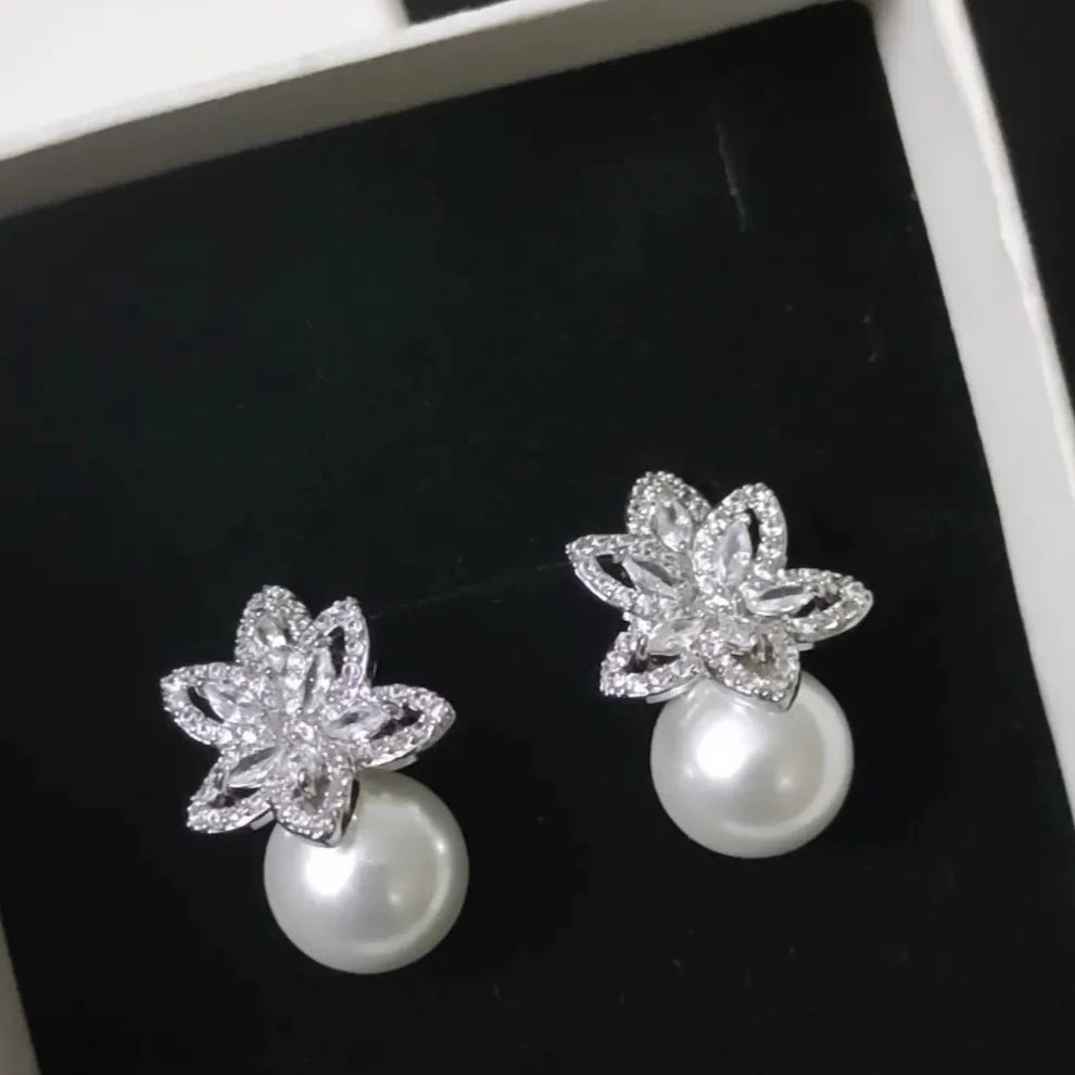 Floral zirconia Pearl Drop Studs