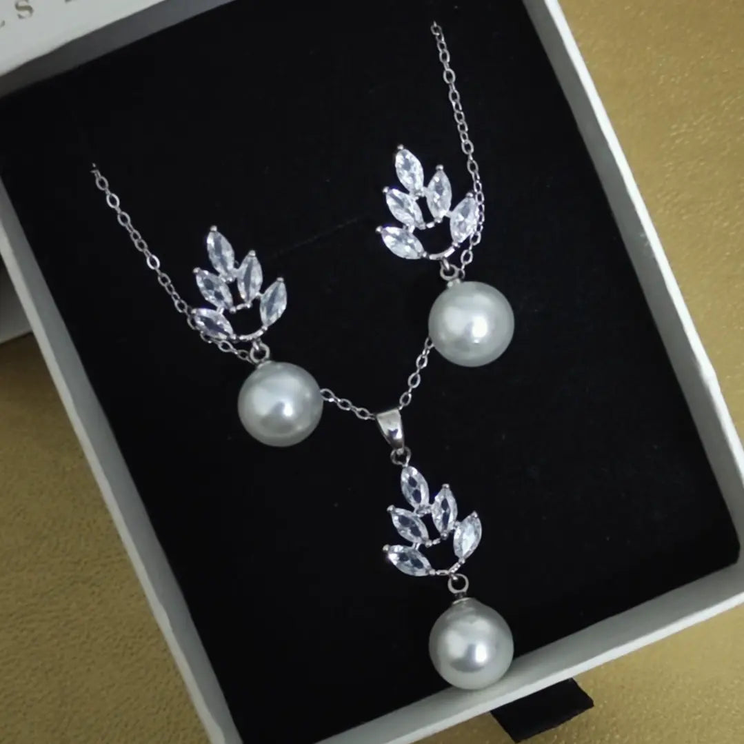 Leaf Pearl Drop Earrings and Pendant Set