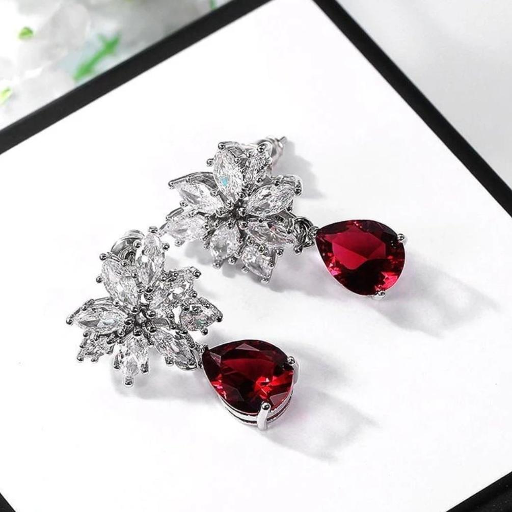 Red Flower Drop Zirconia Earrings