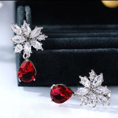 Red Flower Drop Zirconia Earrings