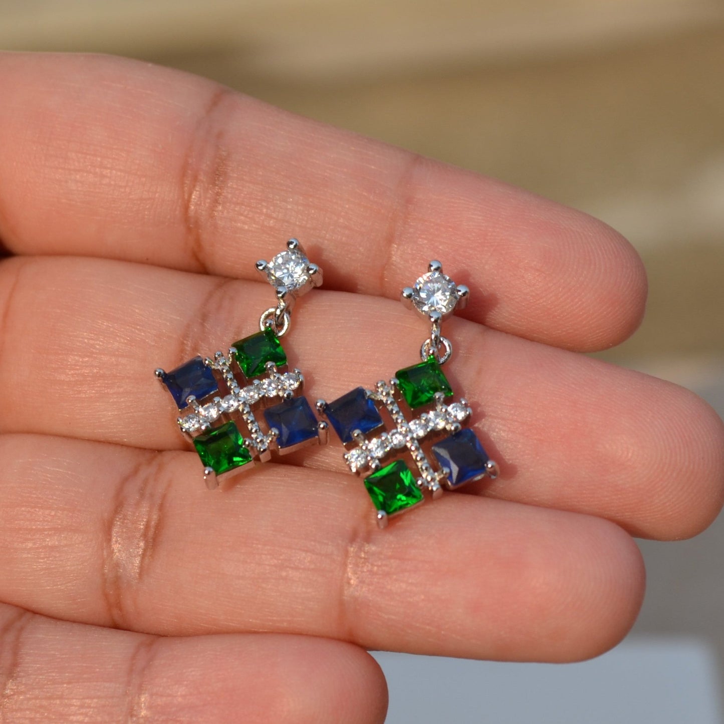 Blue Green Zirconia Earrings